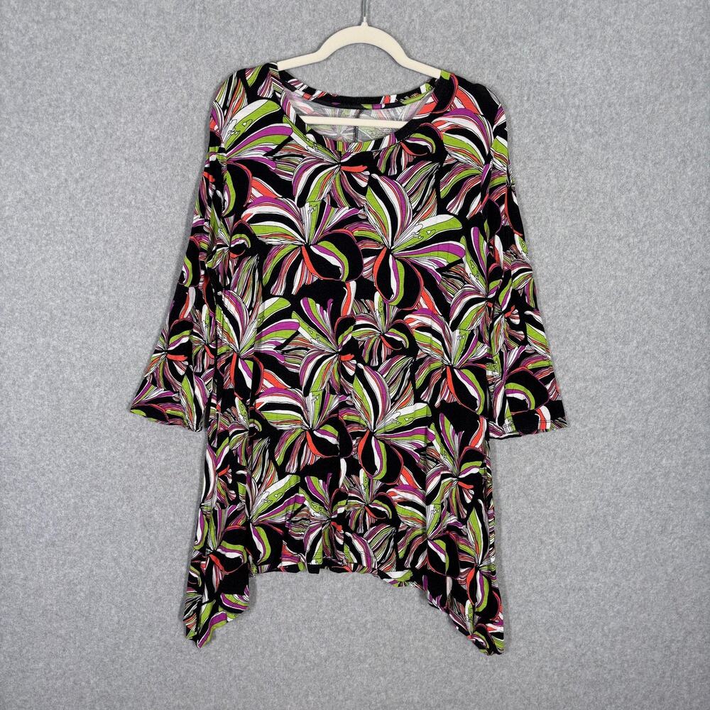Westbound Tunic Top XL Black Lime Abstract Tropical Stretch Asymmetric Artsy